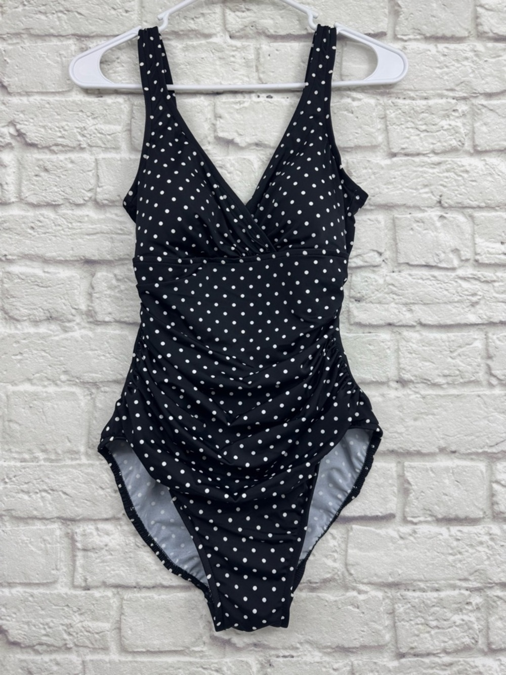 TRIMSHAPER Swim Shaper One Piece Swimsuit Size 10 Black Polka Dot Slimming Retro